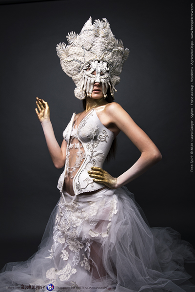 headpiece blind mask white corset dress